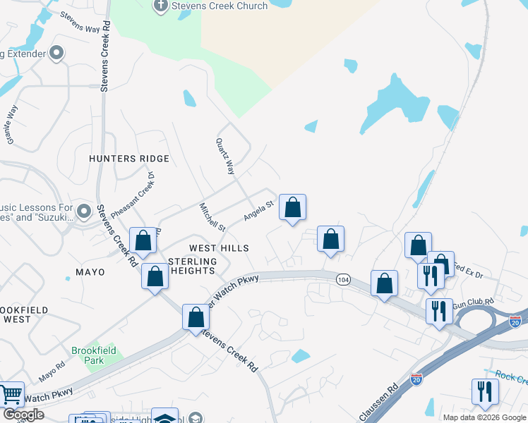 map of restaurants, bars, coffee shops, grocery stores, and more near 3044 Angela Street in Augusta