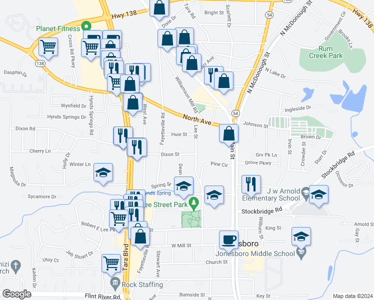 map of restaurants, bars, coffee shops, grocery stores, and more near 132 Dixon Street in Jonesboro