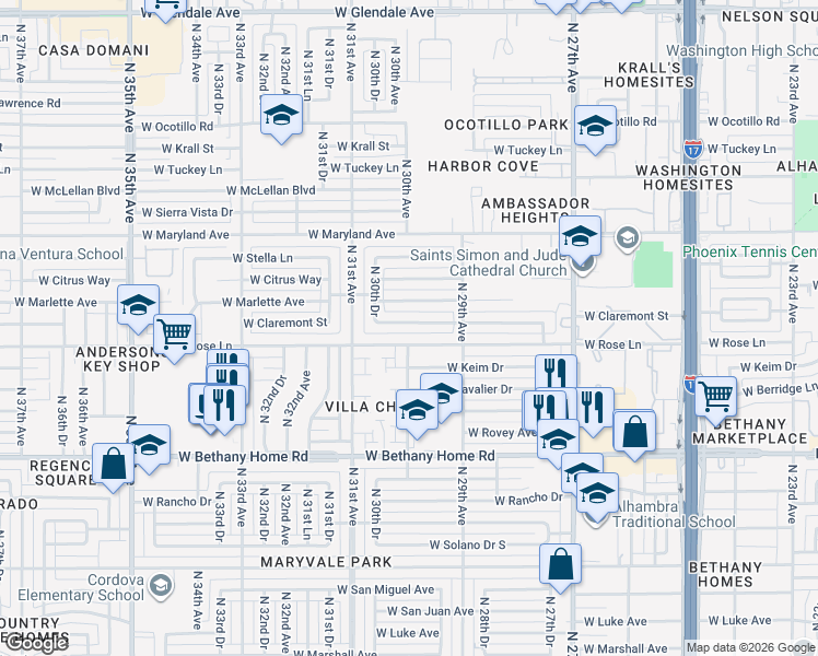map of restaurants, bars, coffee shops, grocery stores, and more near 2933 West Claremont Street in Phoenix