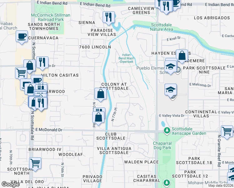 map of restaurants, bars, coffee shops, grocery stores, and more near 6270 North 78th Street in Scottsdale