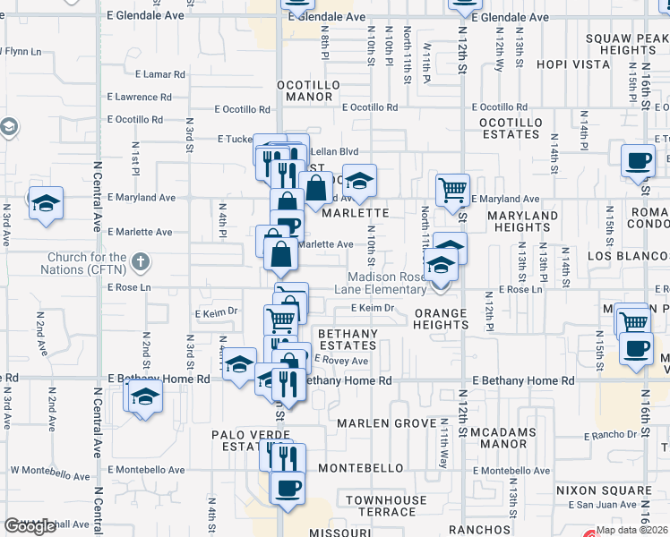 map of restaurants, bars, coffee shops, grocery stores, and more near 907 East Claremont Street in Phoenix