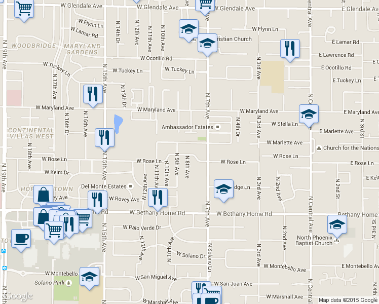 map of restaurants, bars, coffee shops, grocery stores, and more near 807 West Rose Lane in Phoenix