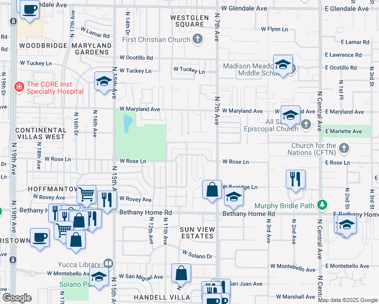 map of restaurants, bars, coffee shops, grocery stores, and more near 807 West Rose Lane in Phoenix