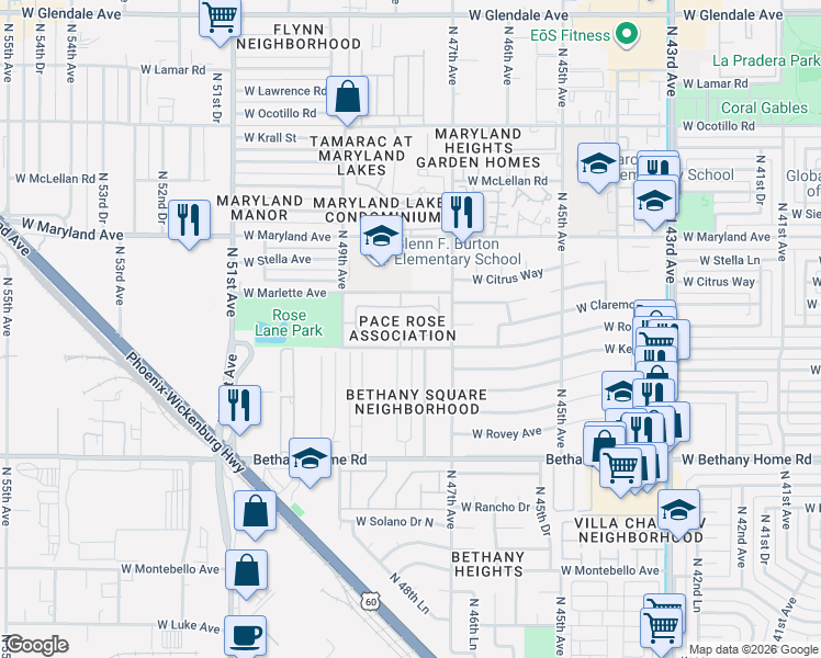 map of restaurants, bars, coffee shops, grocery stores, and more near 4720 West Rose Lane in Glendale