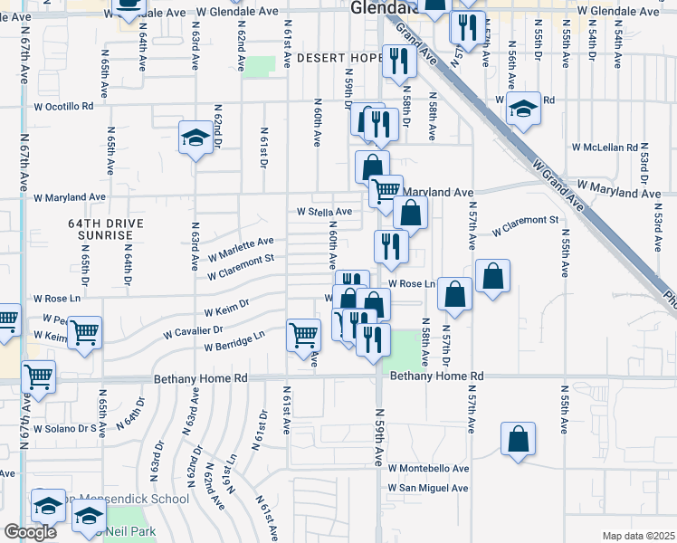 map of restaurants, bars, coffee shops, grocery stores, and more near 5947 West Rose Lane in Glendale