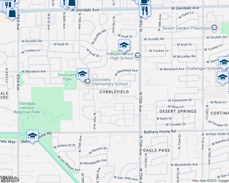 map of restaurants, bars, coffee shops, grocery stores, and more near 7646 West Claremont Street in Glendale