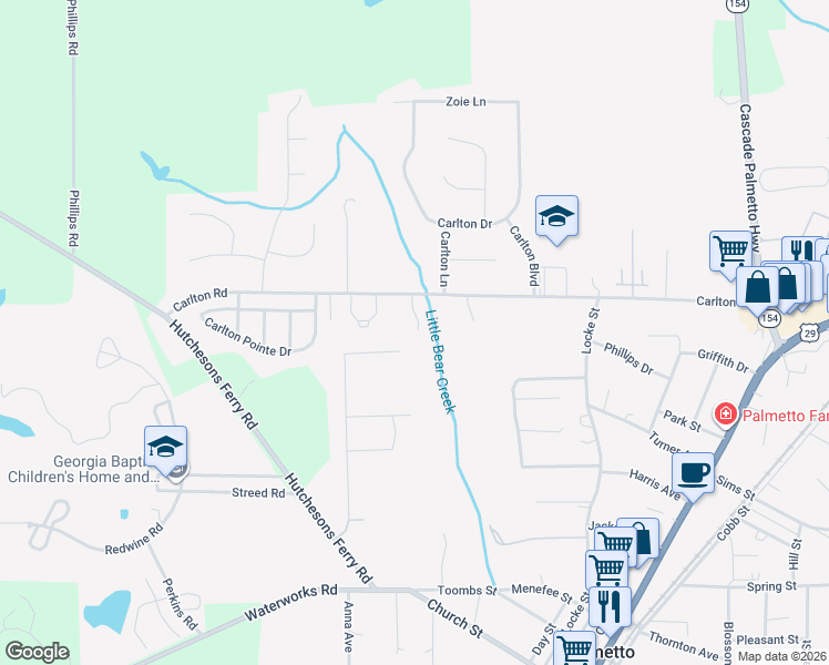 map of restaurants, bars, coffee shops, grocery stores, and more near 592 Carlton Road in Palmetto