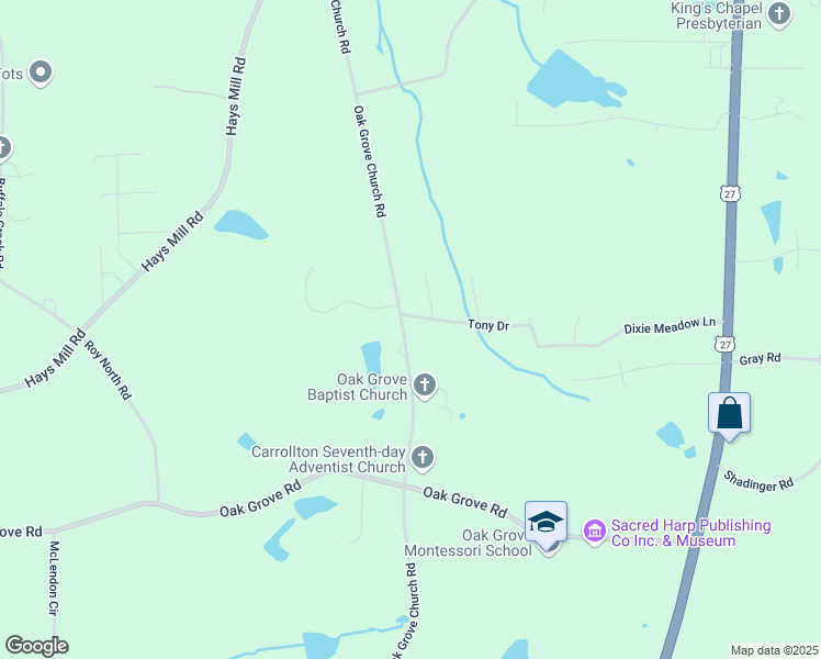 map of restaurants, bars, coffee shops, grocery stores, and more near 2989 Oak Grove Church Road in Carrollton