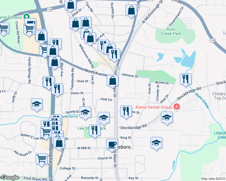 map of restaurants, bars, coffee shops, grocery stores, and more near 203 North Main Street in Jonesboro