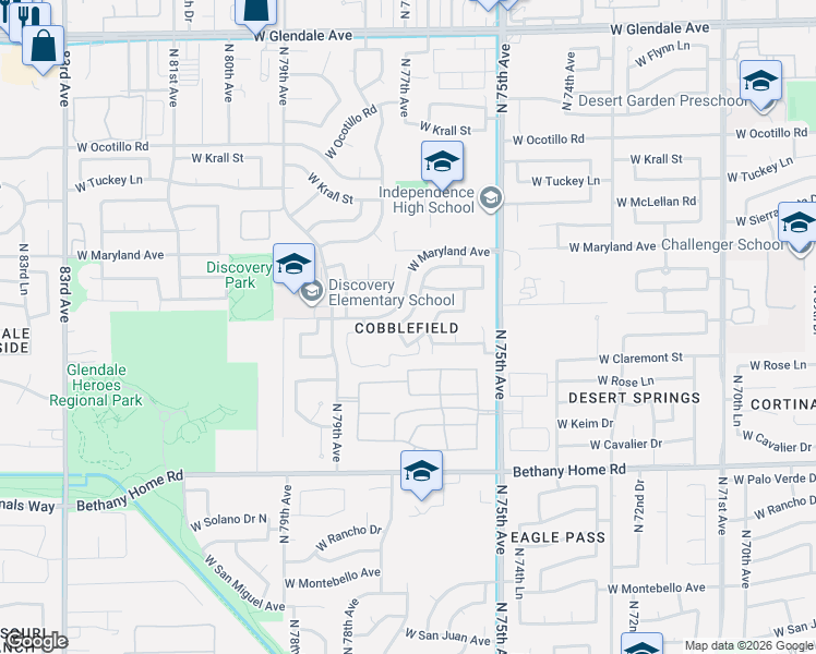 map of restaurants, bars, coffee shops, grocery stores, and more near 7646 West Claremont Street in Glendale
