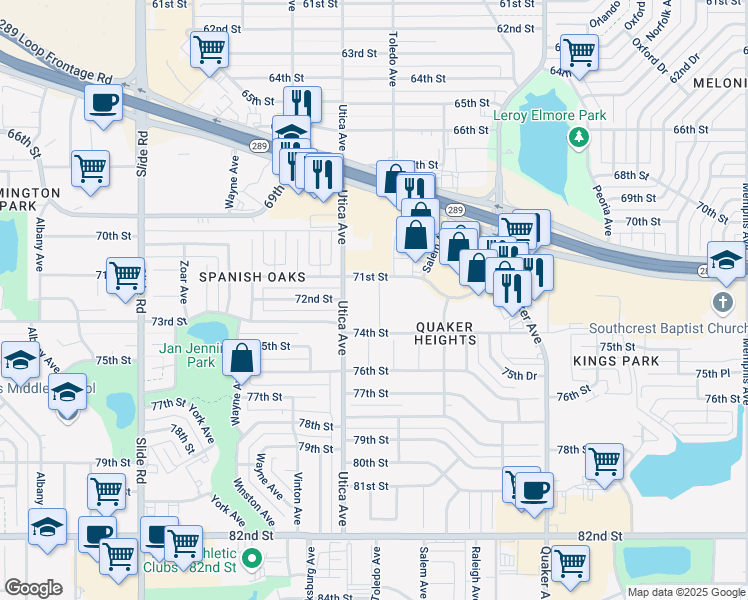 map of restaurants, bars, coffee shops, grocery stores, and more near 4625 71st Street in Lubbock