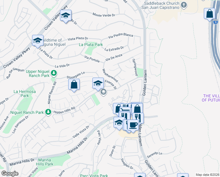 map of restaurants, bars, coffee shops, grocery stores, and more near 18 Vittoria Street in Laguna Niguel