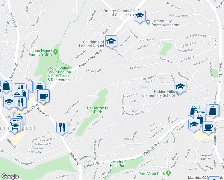 map of restaurants, bars, coffee shops, grocery stores, and more near 24582 La Hermosa Avenue in Laguna Niguel