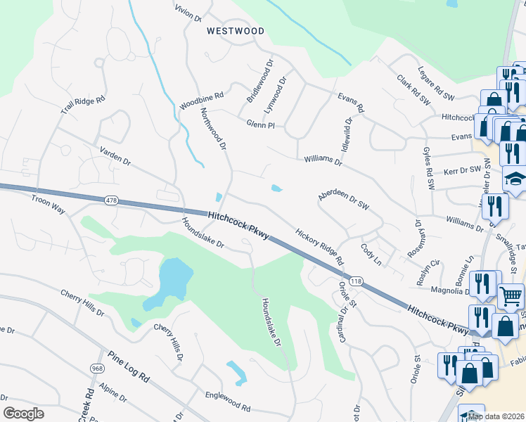 map of restaurants, bars, coffee shops, grocery stores, and more near 869 Hickory Ridge Road in Aiken