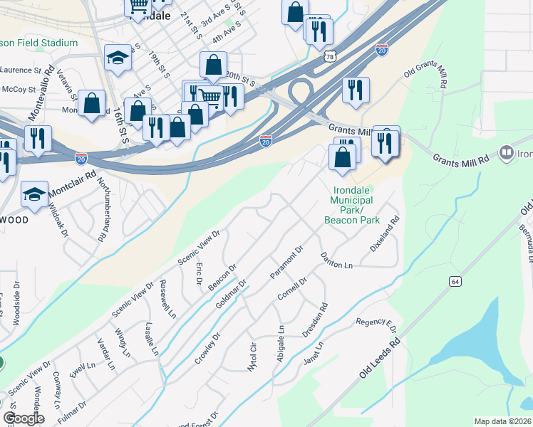 map of restaurants, bars, coffee shops, grocery stores, and more near 511 Roselle Lane in Irondale