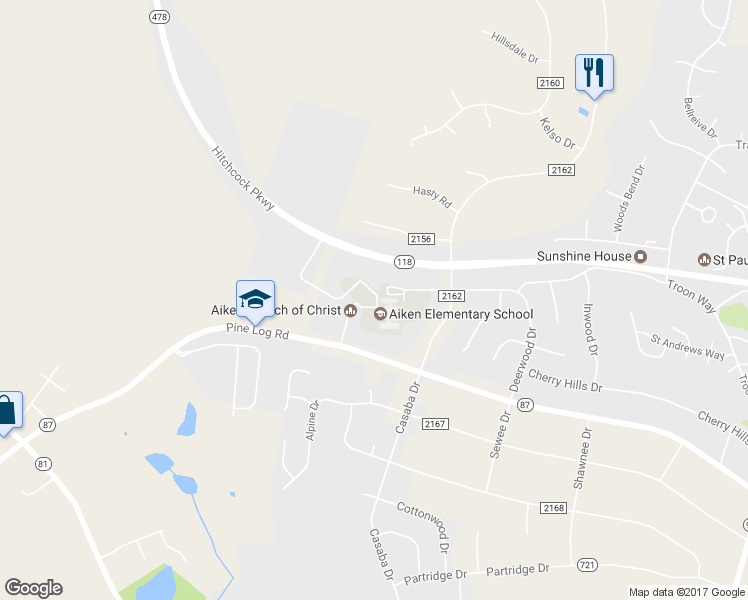 map of restaurants, bars, coffee shops, grocery stores, and more near 2050 Pine Log Road in Aiken