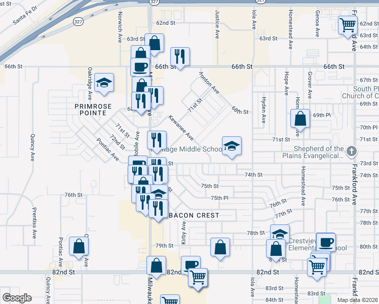 map of restaurants, bars, coffee shops, grocery stores, and more near 6312 73rd Street in Lubbock