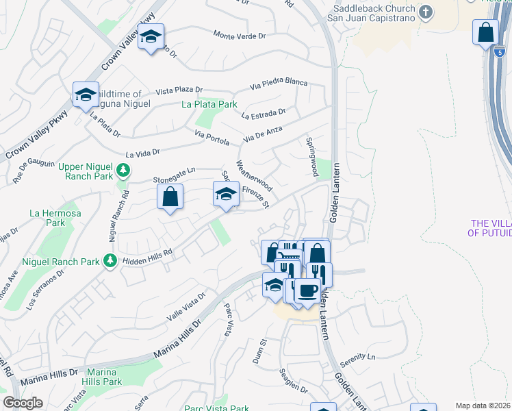 map of restaurants, bars, coffee shops, grocery stores, and more near 18 Vittoria Street in Laguna Niguel