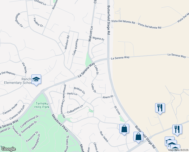map of restaurants, bars, coffee shops, grocery stores, and more near 31939 Calle Elenita in Temecula