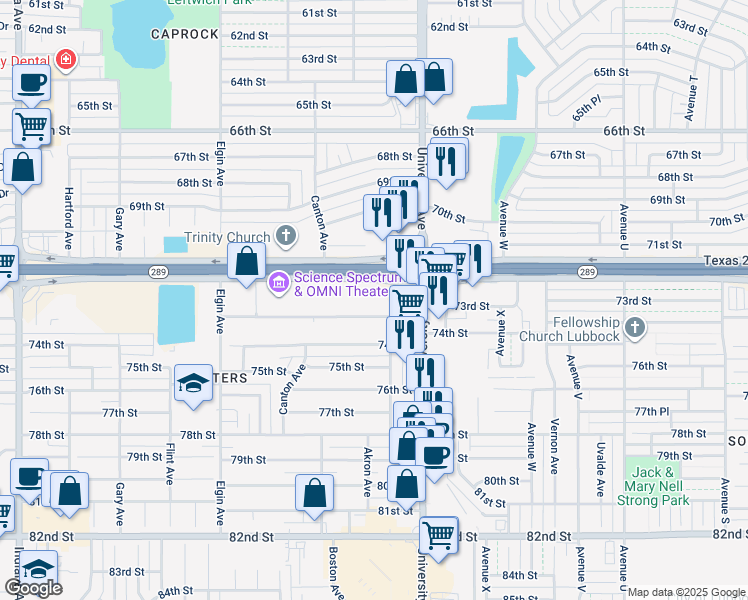 map of restaurants, bars, coffee shops, grocery stores, and more near 7302 University Avenue in Lubbock