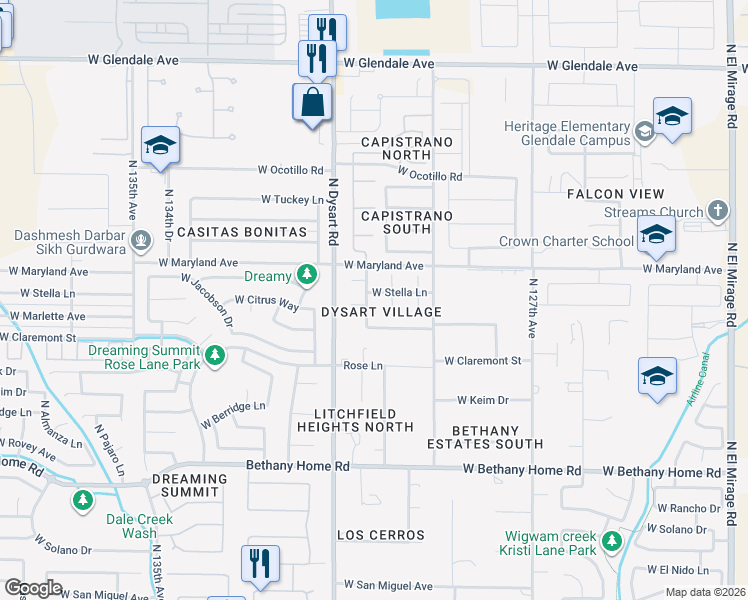 map of restaurants, bars, coffee shops, grocery stores, and more near 13015 West Stella Lane in Litchfield Park