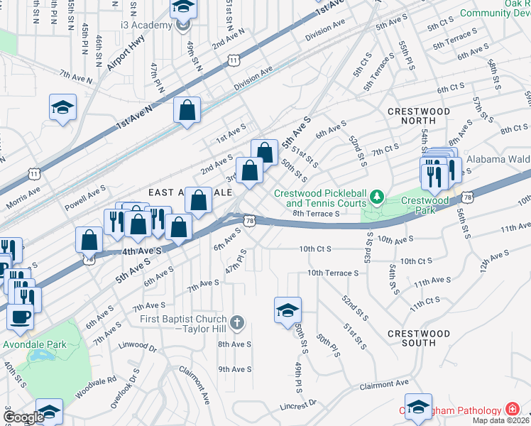 map of restaurants, bars, coffee shops, grocery stores, and more near 611 48th Street South in Birmingham