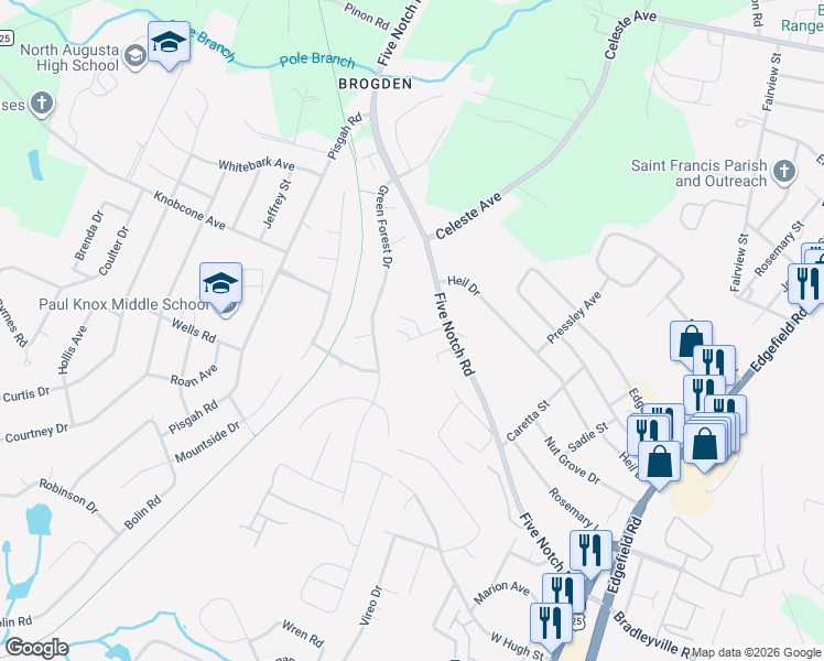 map of restaurants, bars, coffee shops, grocery stores, and more near 218 West Five Notch Road in North Augusta