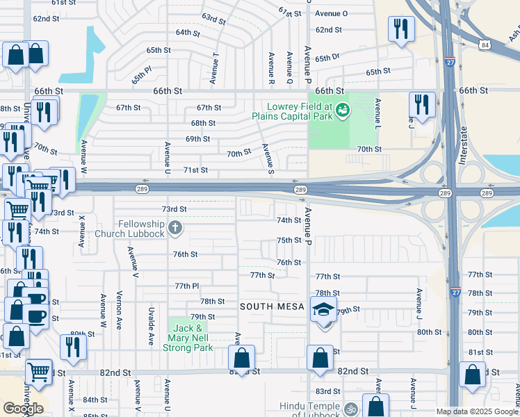 map of restaurants, bars, coffee shops, grocery stores, and more near 1701 Texas 289 Loop Frontage Road in Lubbock