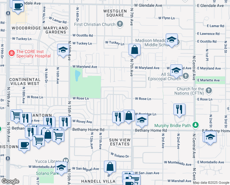 map of restaurants, bars, coffee shops, grocery stores, and more near 807 West Rose Lane in Phoenix