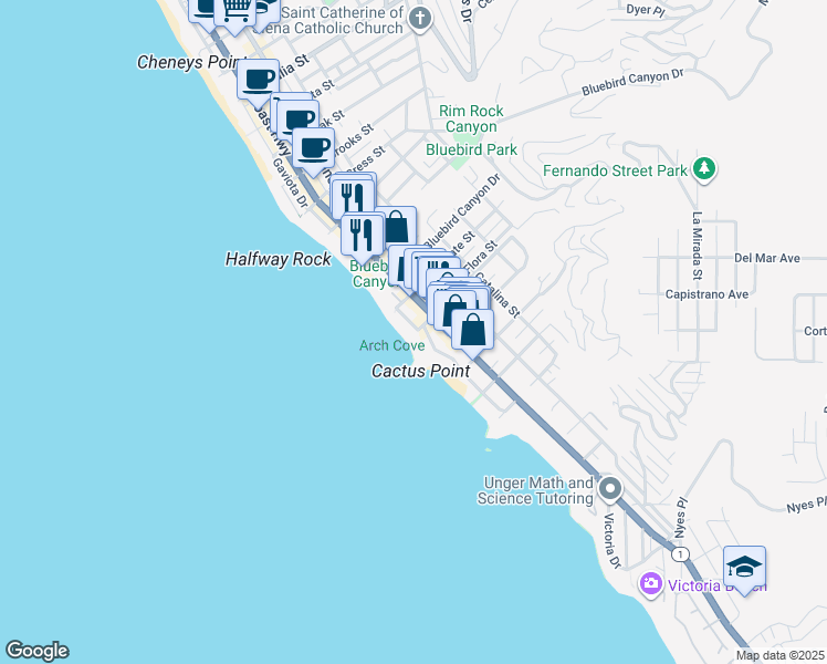 map of restaurants, bars, coffee shops, grocery stores, and more near 1791 Ocean Way in Laguna Beach