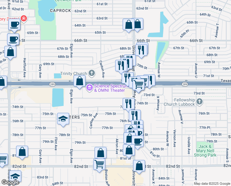 map of restaurants, bars, coffee shops, grocery stores, and more near 7302 University Avenue in Lubbock