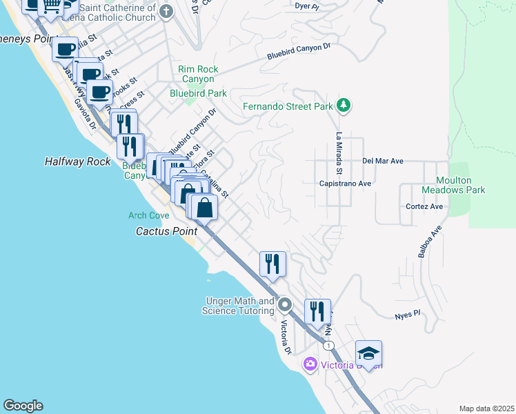 map of restaurants, bars, coffee shops, grocery stores, and more near 2150 Ruby Place in Laguna Beach