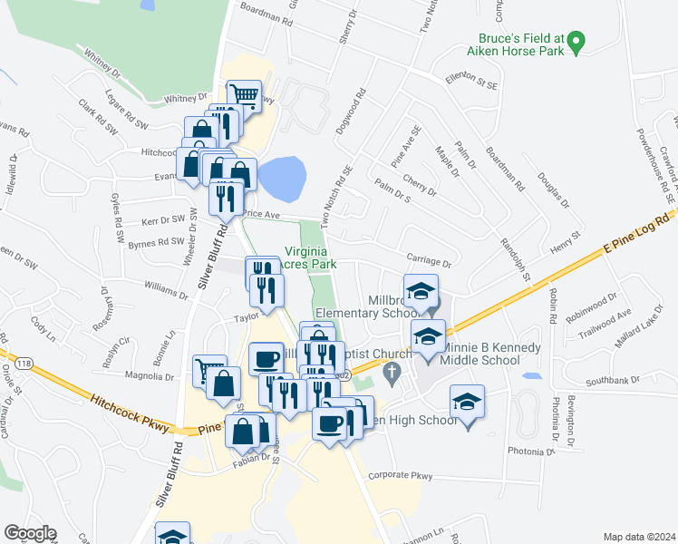 map of restaurants, bars, coffee shops, grocery stores, and more near 1718 Two Notch Road Southeast in Aiken