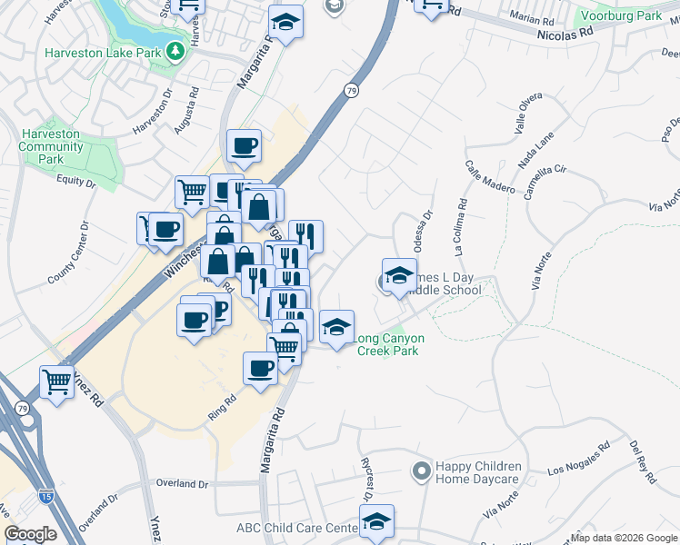 map of restaurants, bars, coffee shops, grocery stores, and more near 40434 Chantemar Way in Temecula