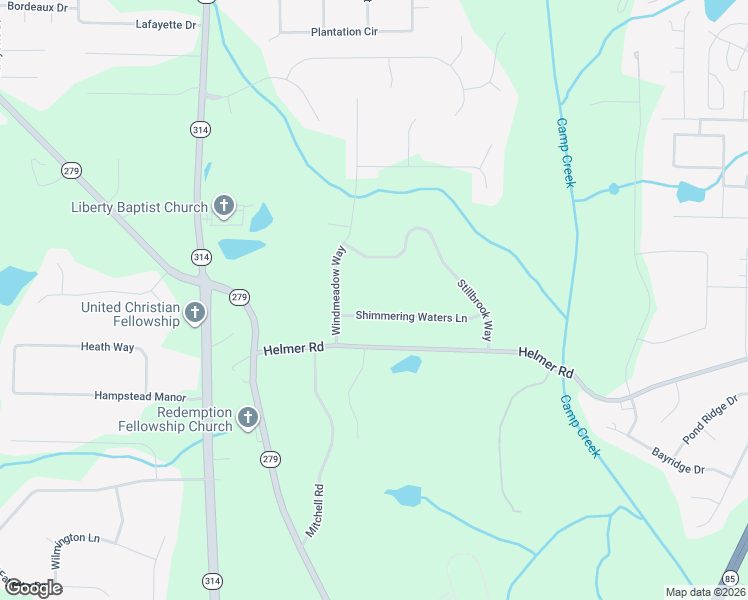 map of restaurants, bars, coffee shops, grocery stores, and more near 102 Shimmering Waters Lane in Fayetteville