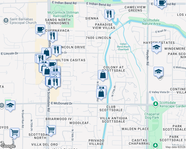 map of restaurants, bars, coffee shops, grocery stores, and more near 6226 North Cattletrack Road in Scottsdale