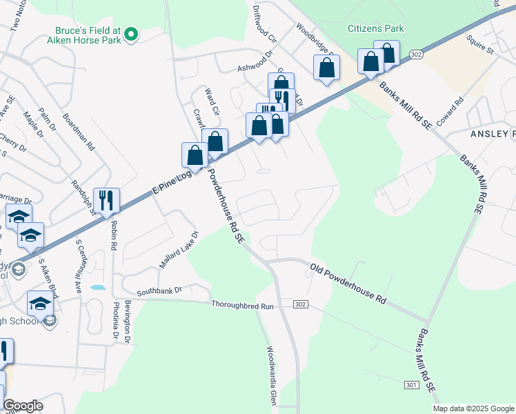 map of restaurants, bars, coffee shops, grocery stores, and more near 169 Kirkwood Drive in Aiken