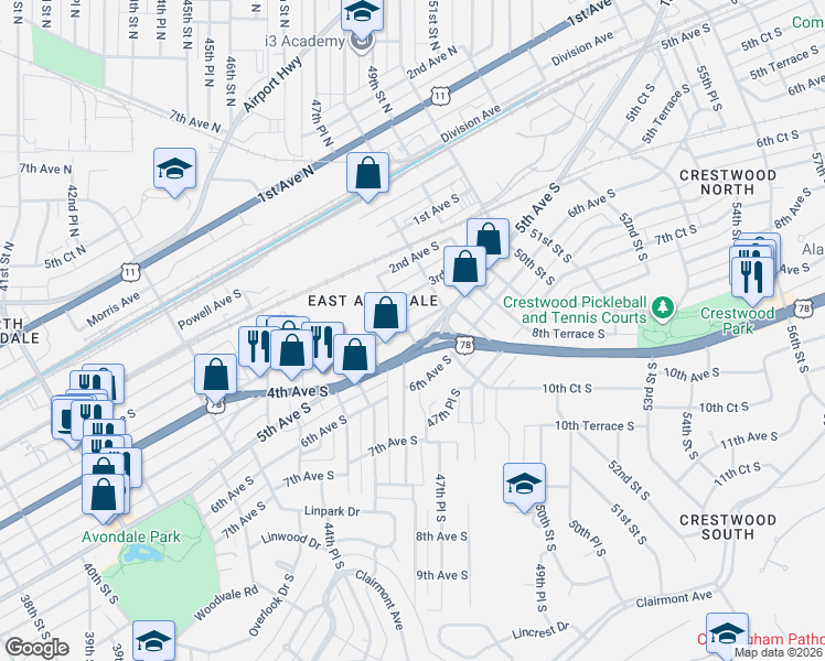 map of restaurants, bars, coffee shops, grocery stores, and more near 4640 5th Avenue South in Birmingham