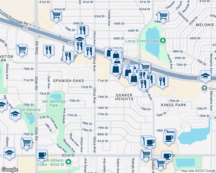 map of restaurants, bars, coffee shops, grocery stores, and more near 4601 71st Street in Lubbock