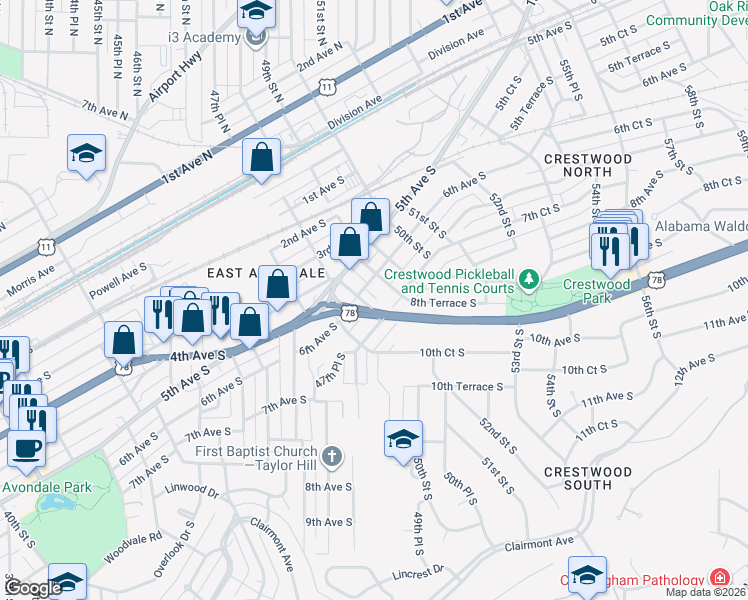 map of restaurants, bars, coffee shops, grocery stores, and more near 611 48th Street South in Birmingham