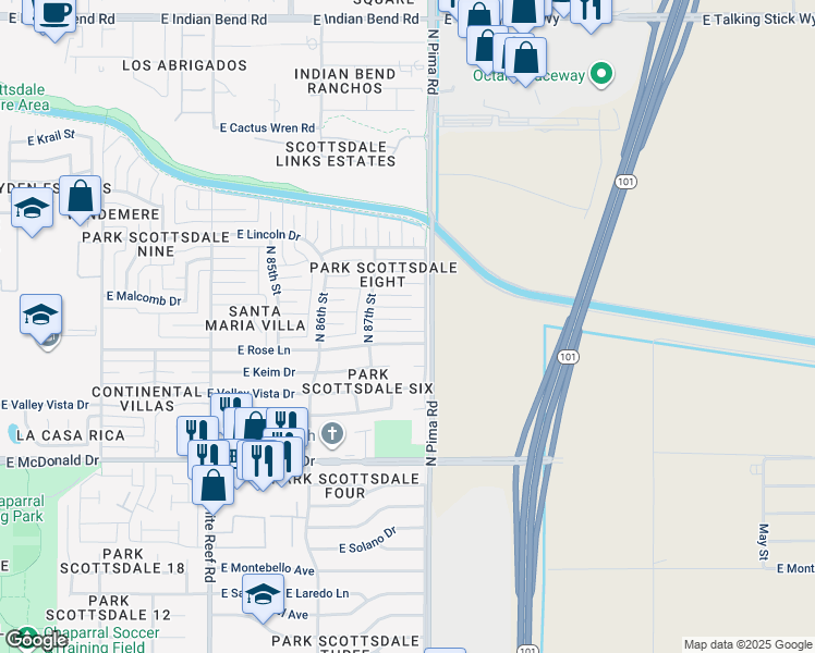map of restaurants, bars, coffee shops, grocery stores, and more near 8732 East Rose Lane in Scottsdale