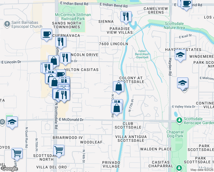 map of restaurants, bars, coffee shops, grocery stores, and more near 6226 North Cattletrack Road in Scottsdale