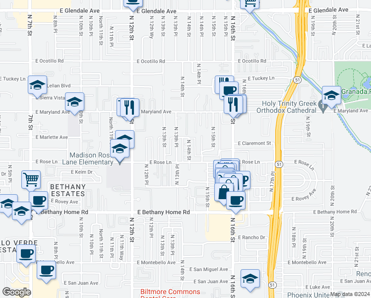 map of restaurants, bars, coffee shops, grocery stores, and more near 6214 North 14th Street in Phoenix