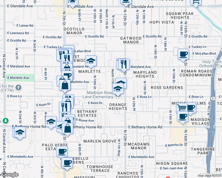 map of restaurants, bars, coffee shops, grocery stores, and more near 1040 East Rose Lane in Phoenix
