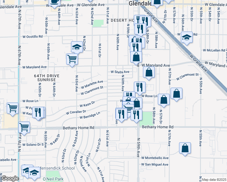 map of restaurants, bars, coffee shops, grocery stores, and more near 6023 West Rose Lane in Glendale