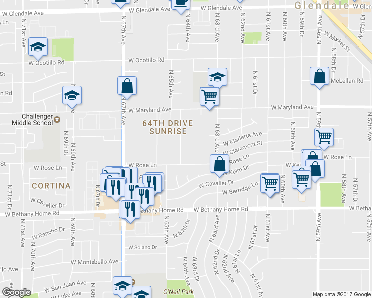 map of restaurants, bars, coffee shops, grocery stores, and more near 6240 North 63rd Avenue in Glendale