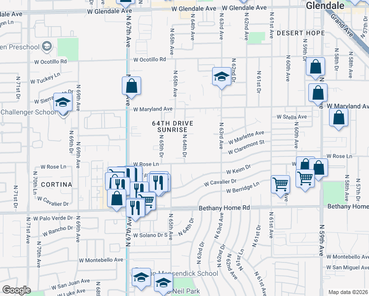 map of restaurants, bars, coffee shops, grocery stores, and more near 6218 North 64th Drive in Glendale