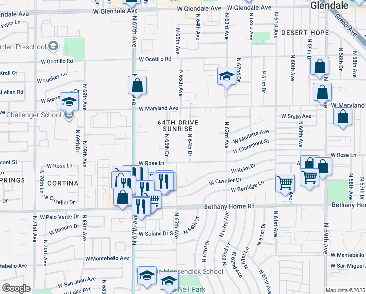 map of restaurants, bars, coffee shops, grocery stores, and more near 6218 North 64th Drive in Glendale