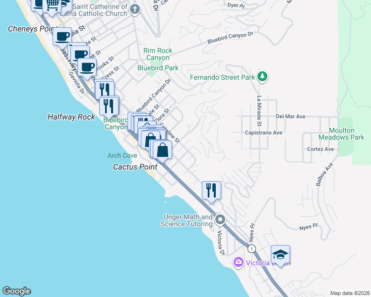 map of restaurants, bars, coffee shops, grocery stores, and more near 2072 Glenneyre Street in Laguna Beach