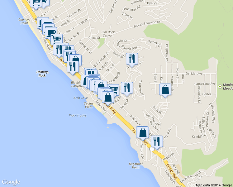 map of restaurants, bars, coffee shops, grocery stores, and more near 2072 Glenneyre Street in Laguna Beach